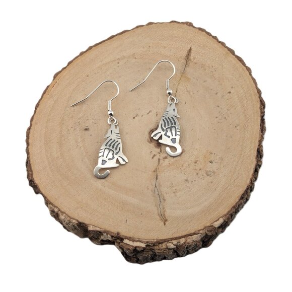 Navajo Wolf Overlay Dangle Earrings Southwest Women's Sterling Silver Jewelry ** - Picture 1 of 11